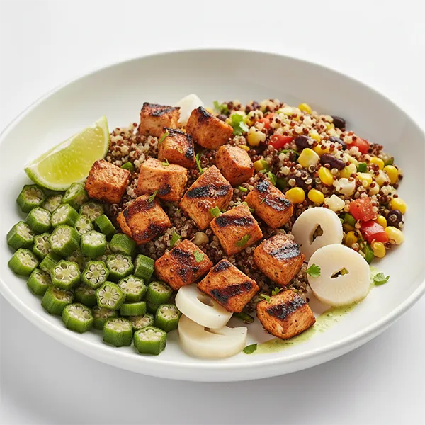 Chili-Lime Charred Chicken with Roasted Okra, Hearts of Palm & Quinoa-Corn Medley